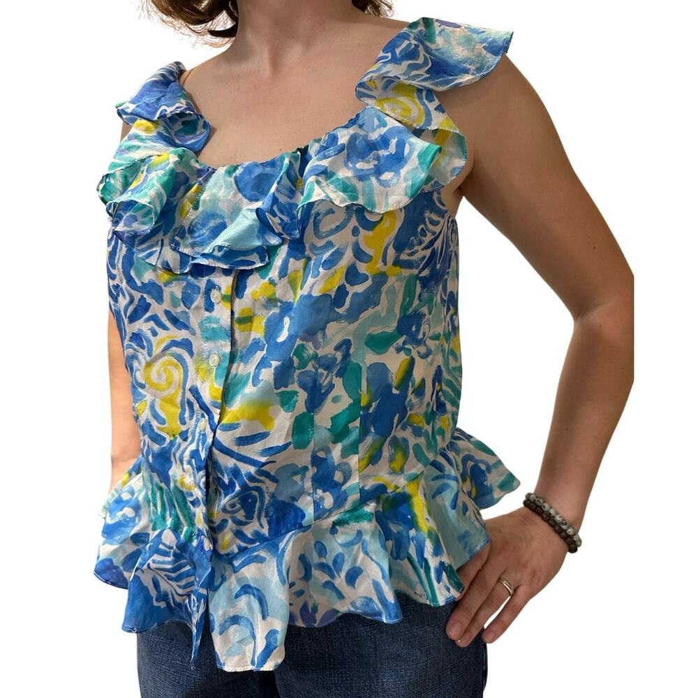 Lauren Ralph Lauren 100% Silk Ruffle Button Up Peplum Top Womens 14 Flowy Artsy